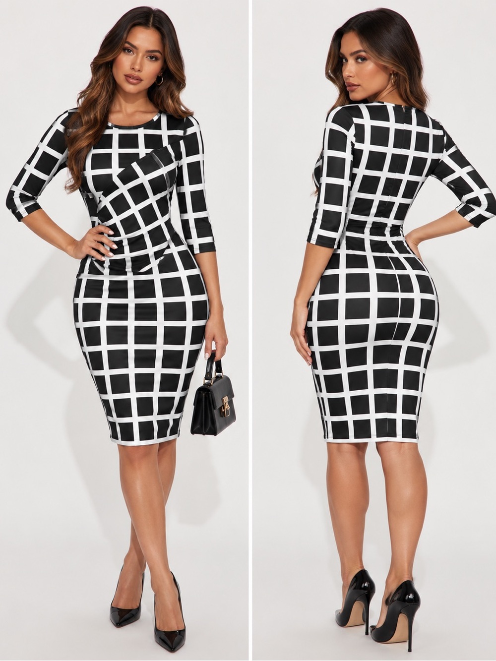Black & White Grid Bodycon Dress - Women